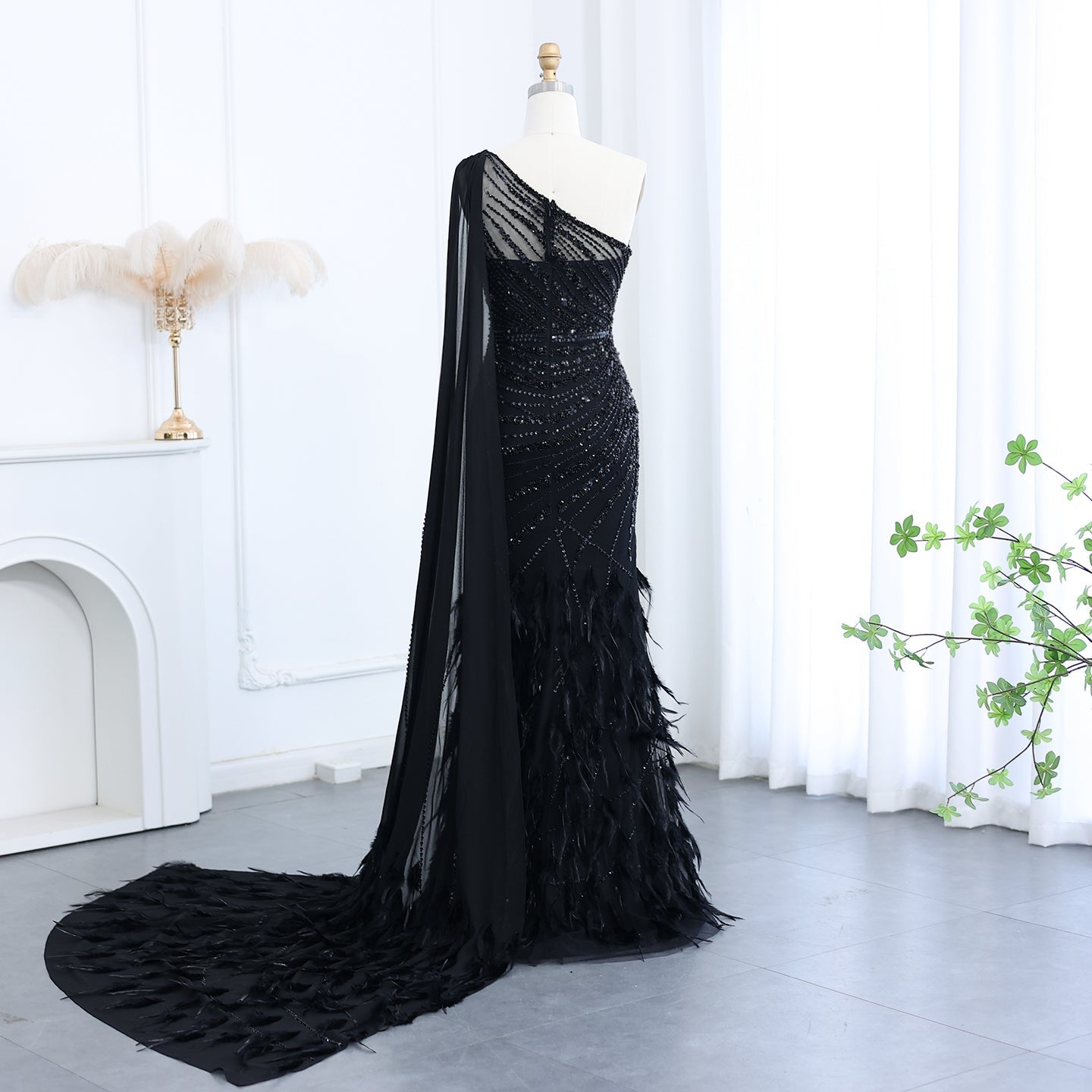 Luxury Feather Turquoise One Shoulder Evening Dress SS498