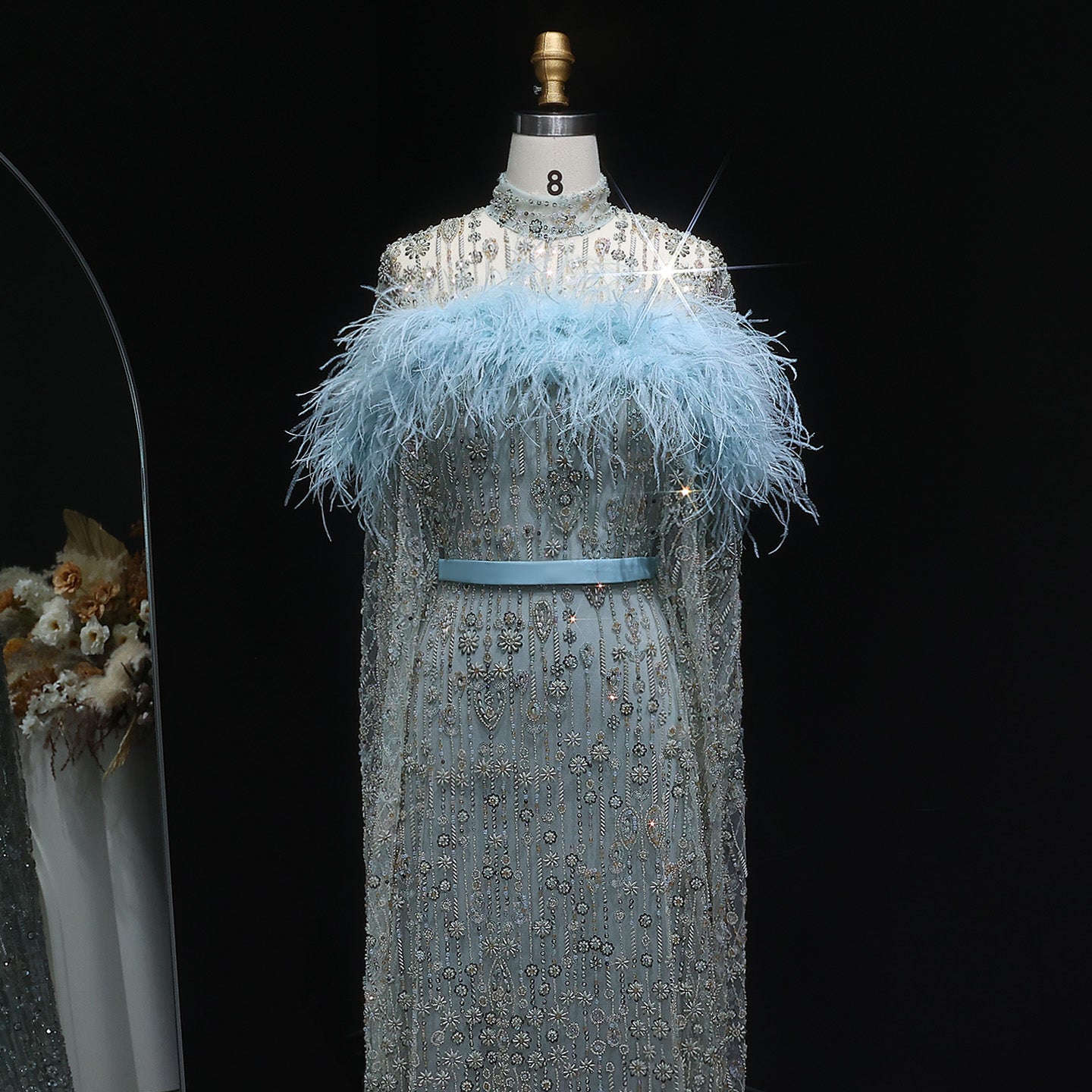 Luxury Beaded Dubai Kaftan Feathers Evening Dress with Cape Sleeves SS665