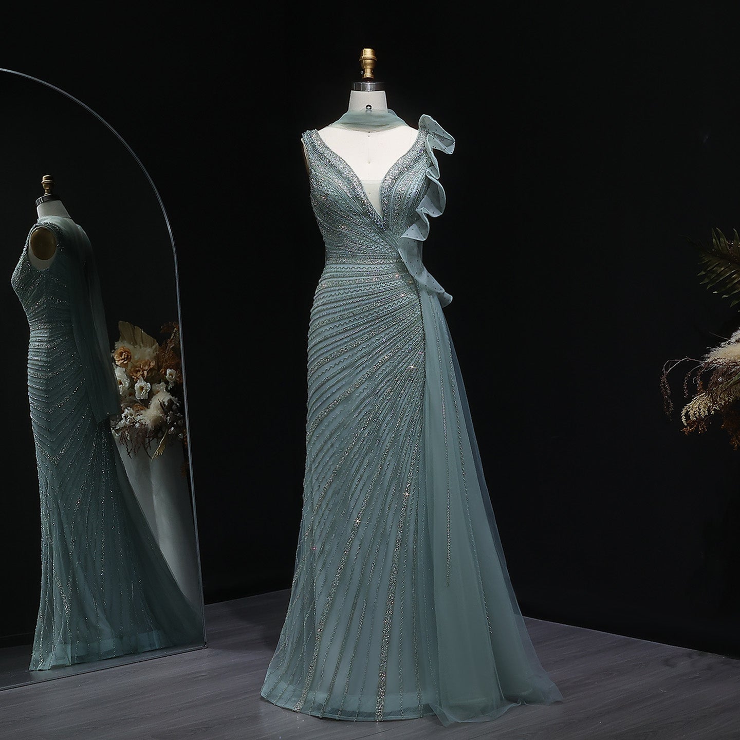 Luxury Beaded Mermaid Evening Dress with Scarf and Overskirt SS189