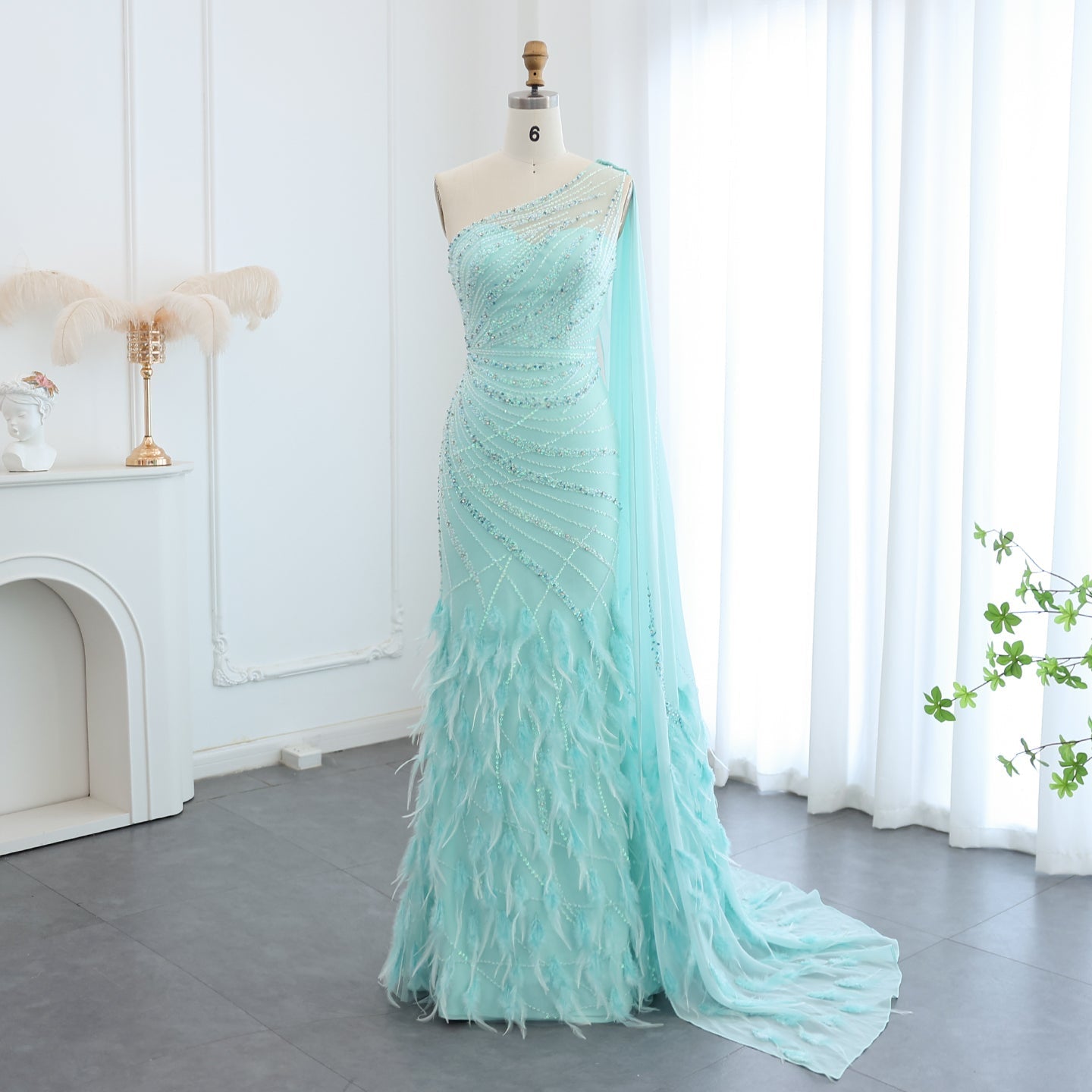 Luxury Feather Turquoise One Shoulder Evening Dress SS498  Turquoise / US 20