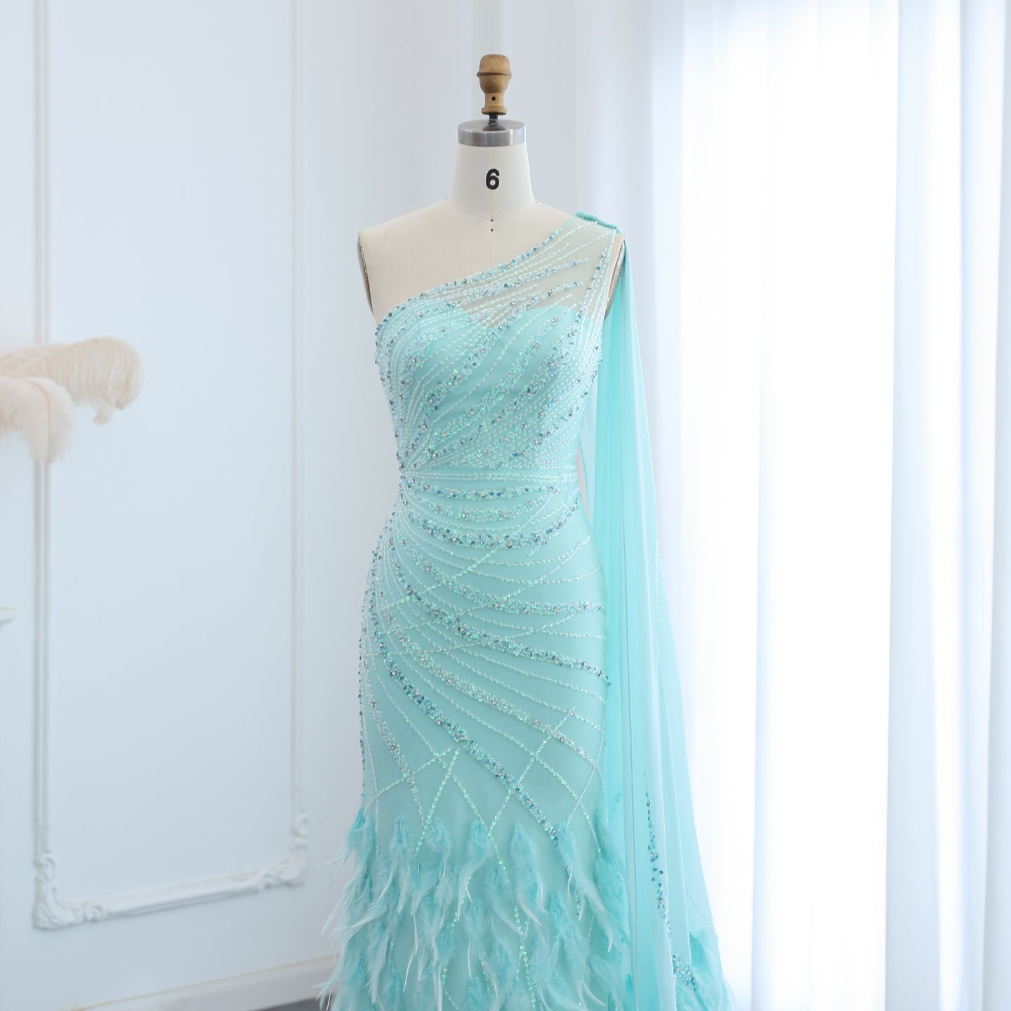 Luxury Feather Turquoise One Shoulder Evening Dress SS498