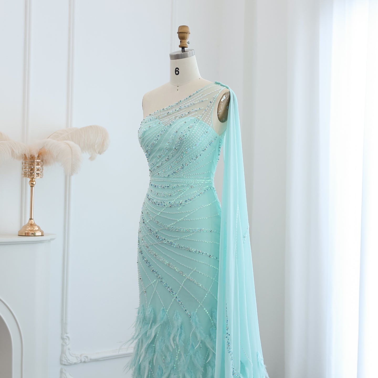 Luxury Feather Turquoise One Shoulder Evening Dress SS498