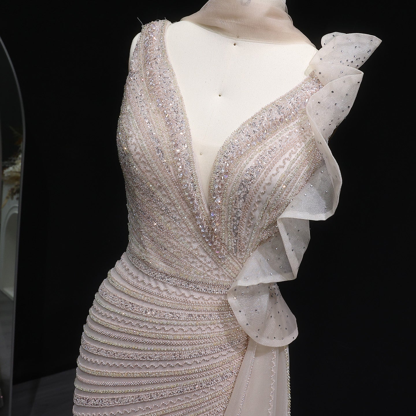 Luxury Beaded Mermaid Evening Dress with Scarf and Overskirt SS189