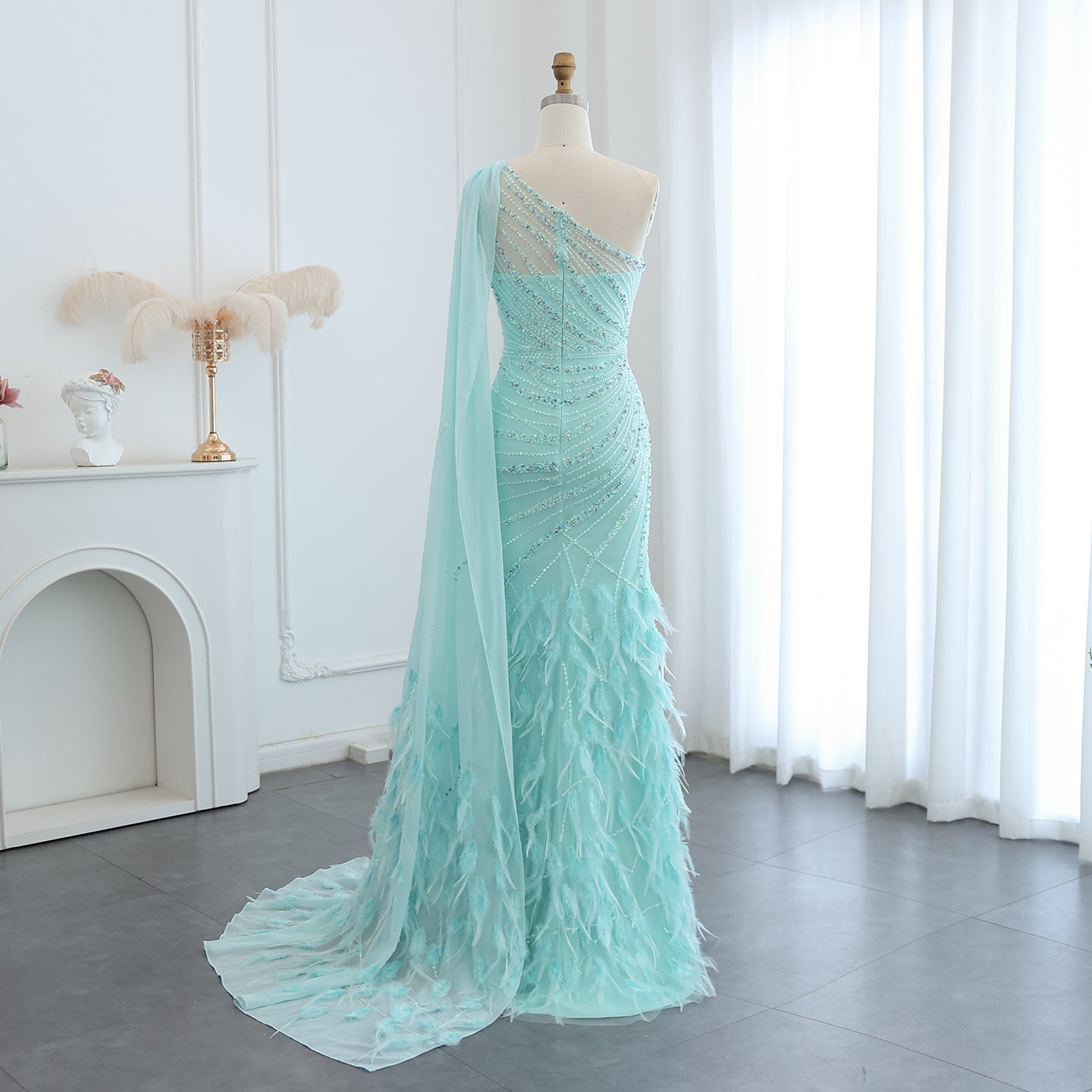Luxury Feather Turquoise One Shoulder Evening Dress SS498