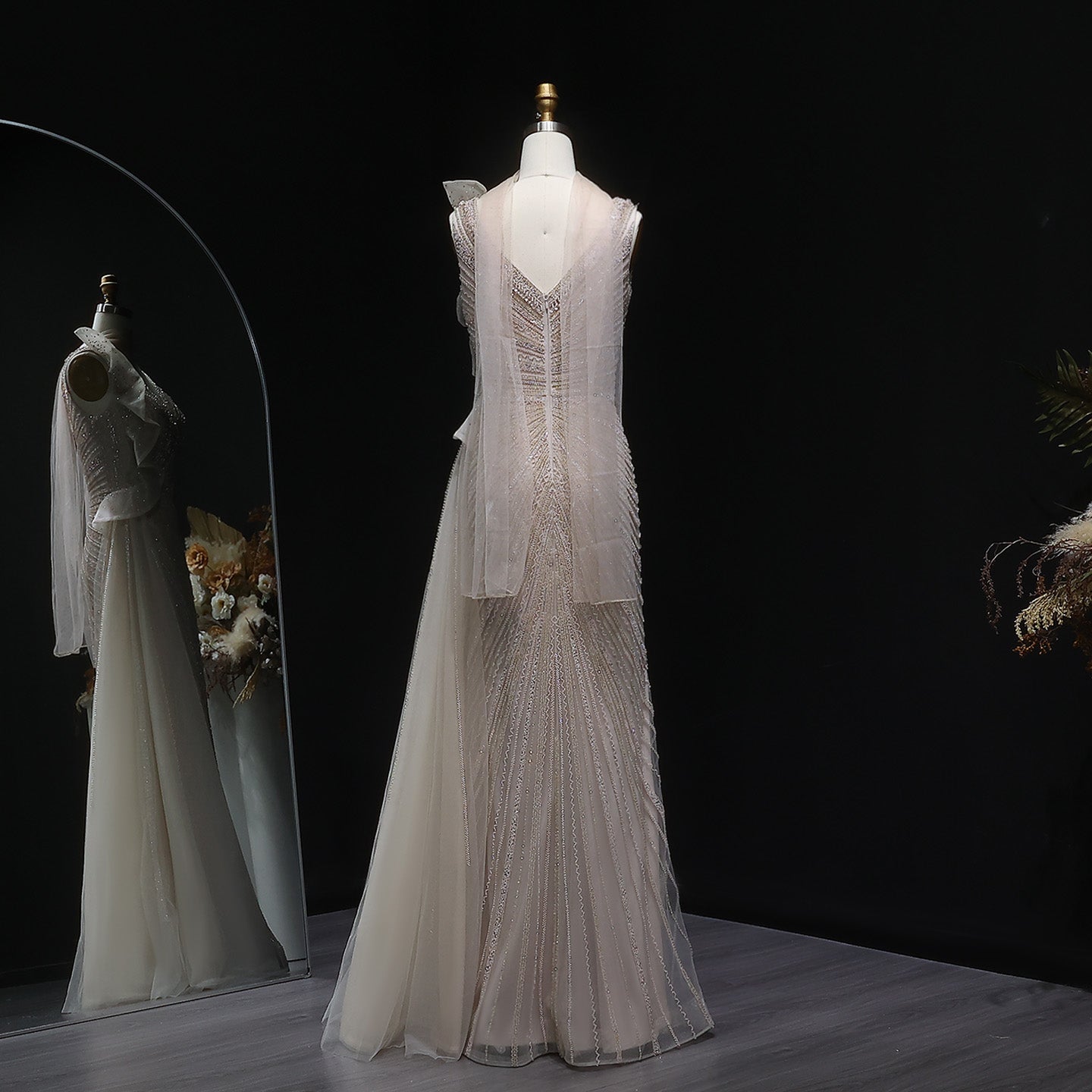 Luxury Beaded Mermaid Evening Dress with Scarf and Overskirt SS189