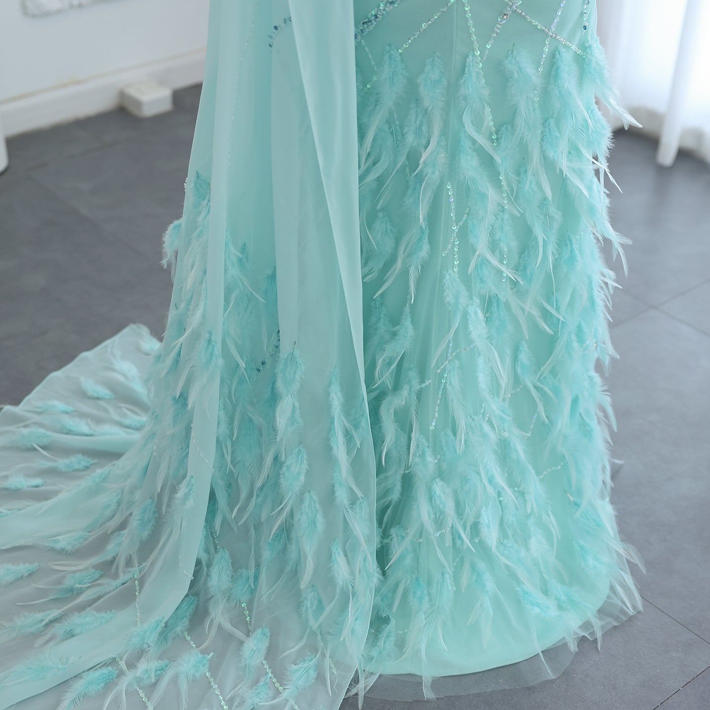 Luxury Feather Turquoise One Shoulder Evening Dress SS498