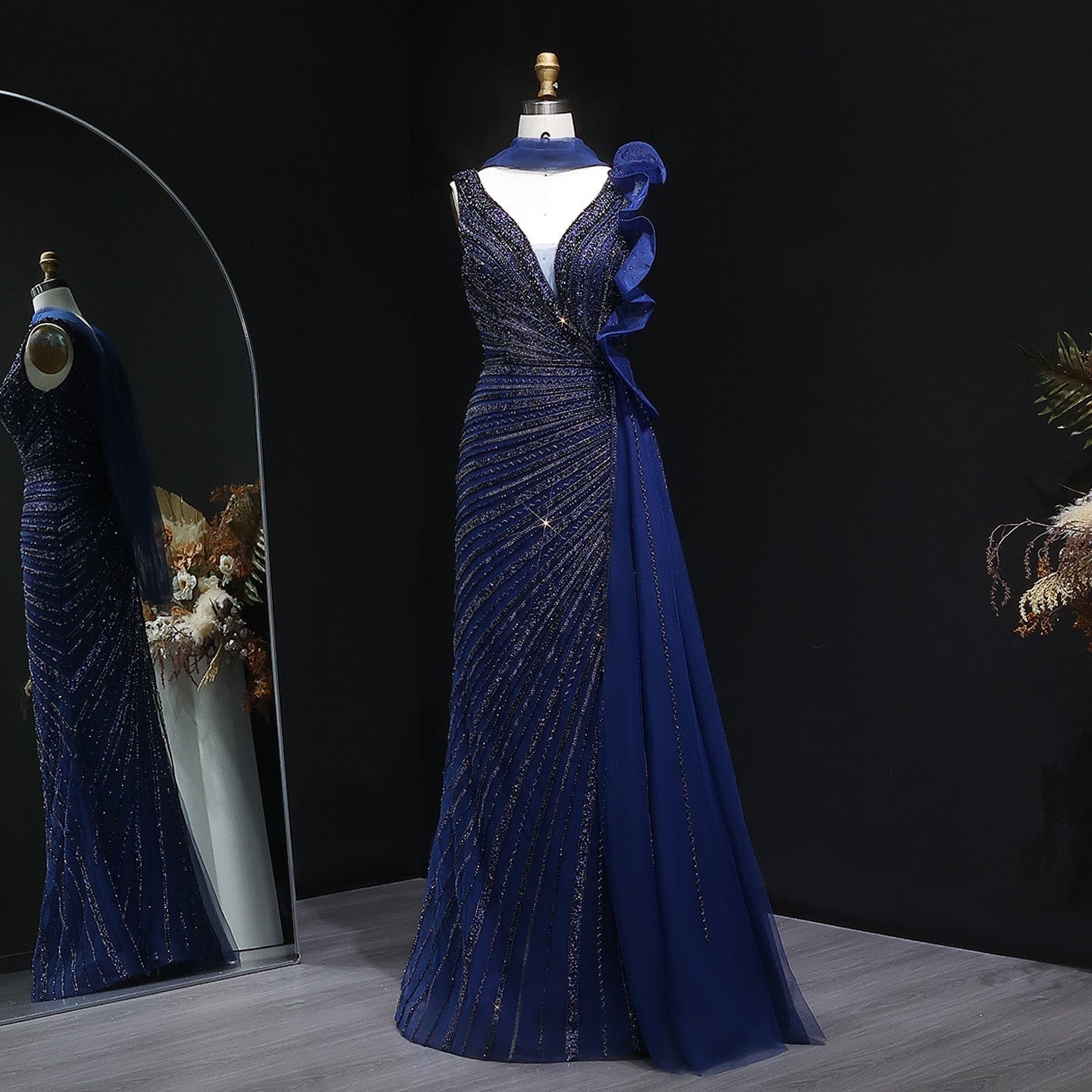 Luxury Beaded Mermaid Evening Dress with Scarf and Overskirt SS189