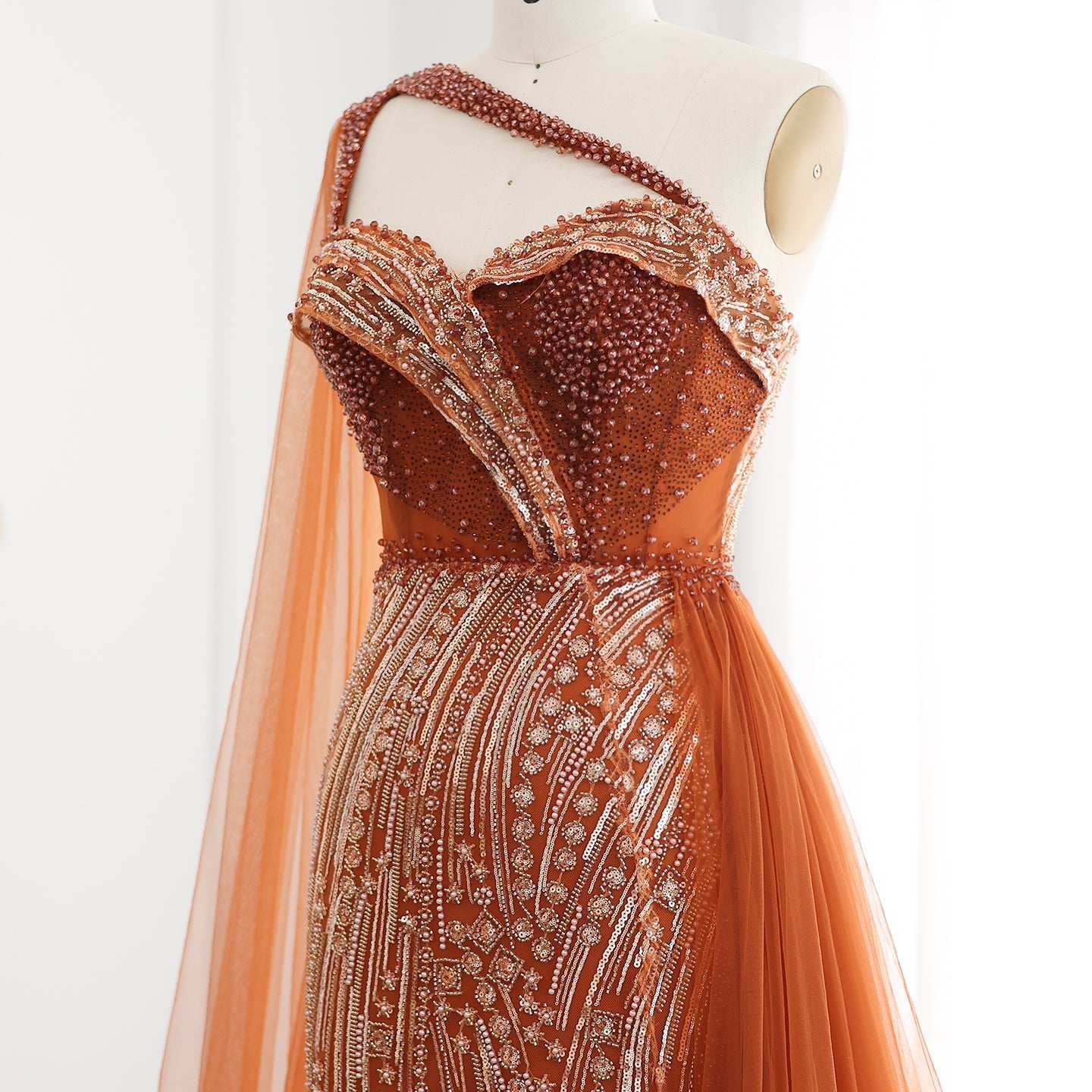 Burgundy One Shoulder Mermaid Evening Dress with Cape Overskirt SS129