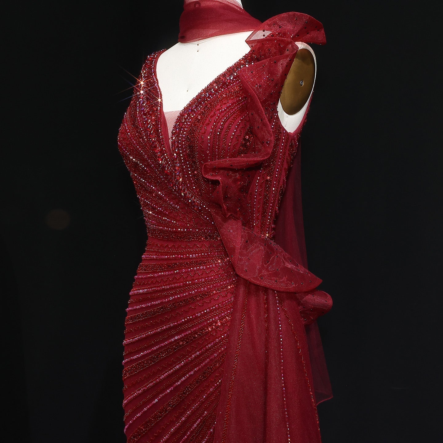 Luxury Beaded Mermaid Evening Dress with Scarf and Overskirt SS189