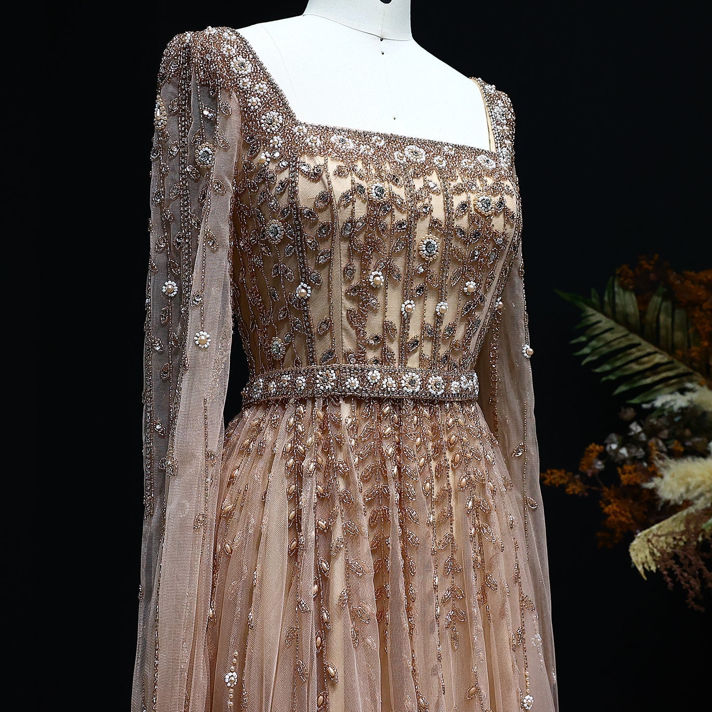 Luxury Square Neck Evening Dress with Cape Sleeves SS494