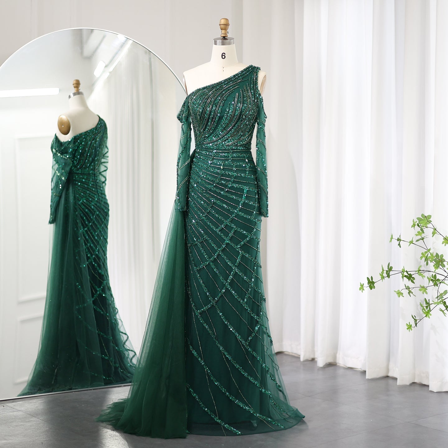 Emerald Green One Shoulder Evening Dress with Overskirt SS197  Green / US 20