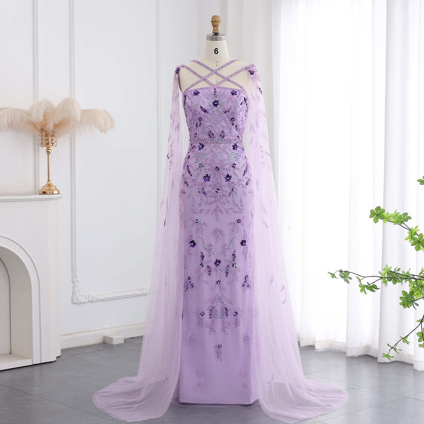 Luxury Lilac Criss Cross Evening Dress with Cape Sleeves SS370  Lilac / US 18