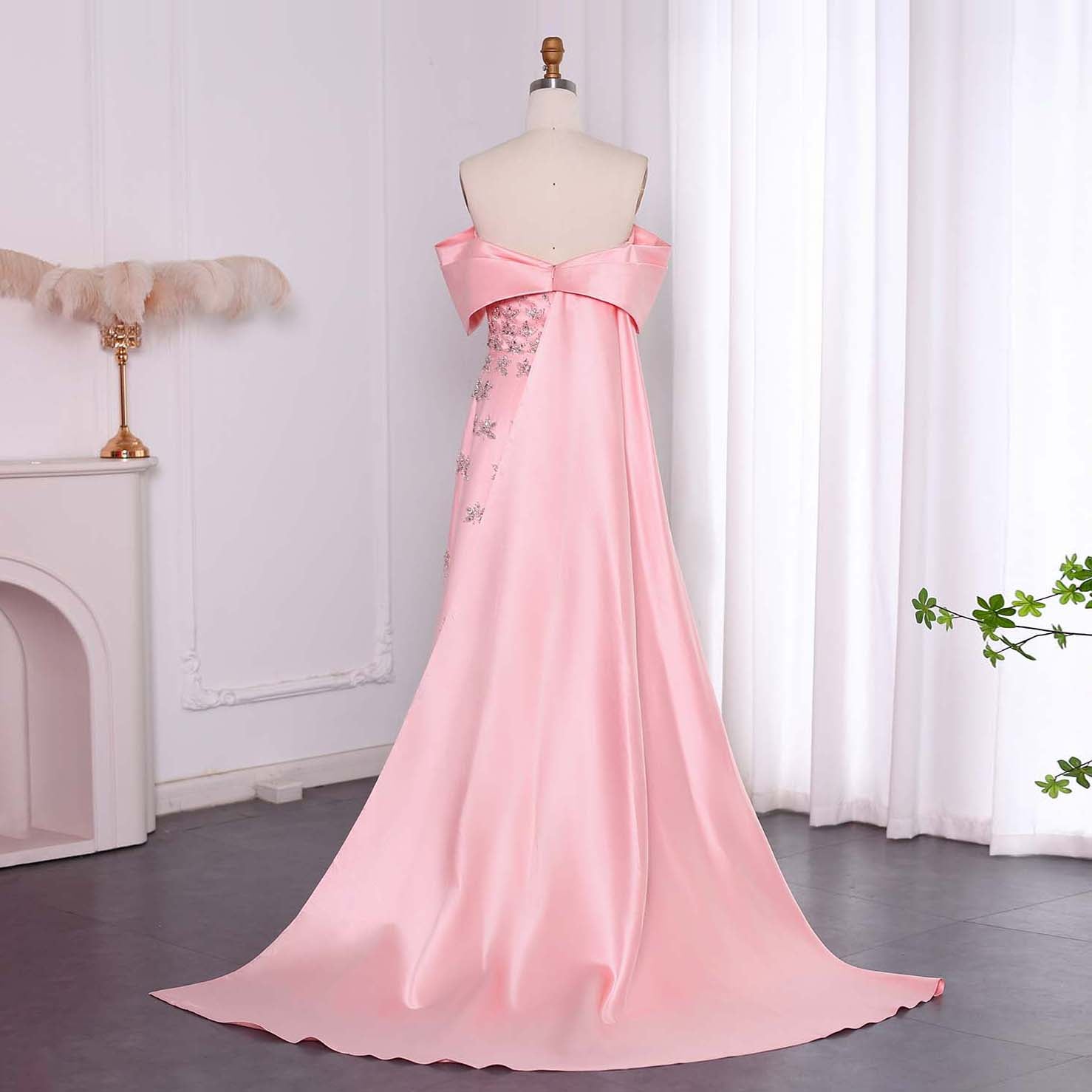 Luxury Yellow Off Shoulder Evening Dress with Cape Train SS455