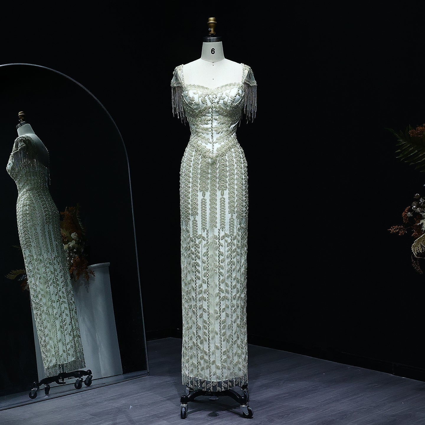 Luxury Tassel Cream Straight Evening Dress SS712