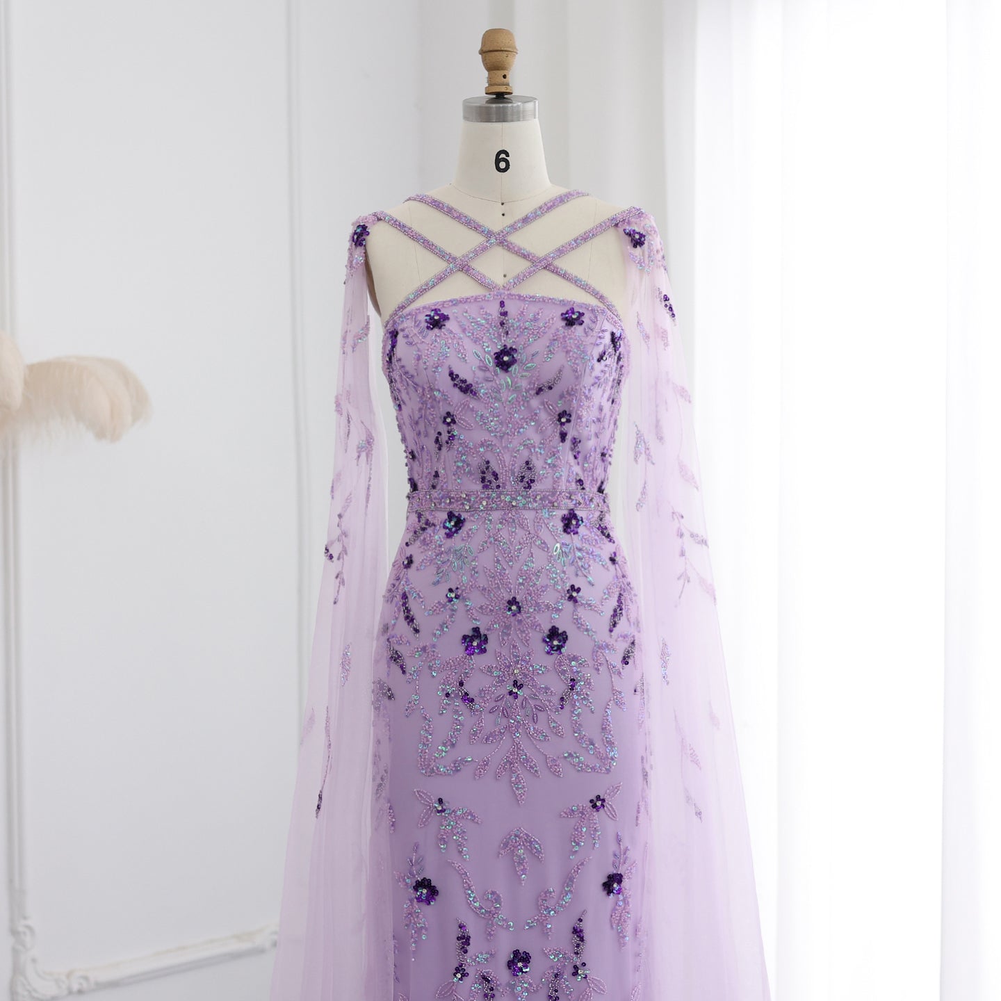 Luxury Lilac Criss Cross Evening Dress with Cape Sleeves SS370