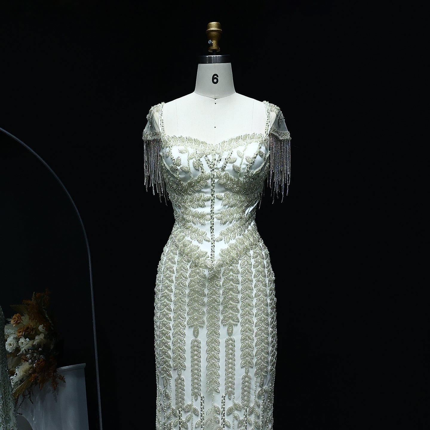 Luxury Tassel Cream Straight Evening Dress SS712