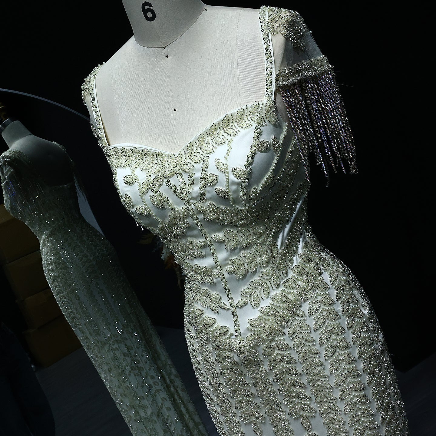 Luxury Tassel Cream Straight Evening Dress SS712