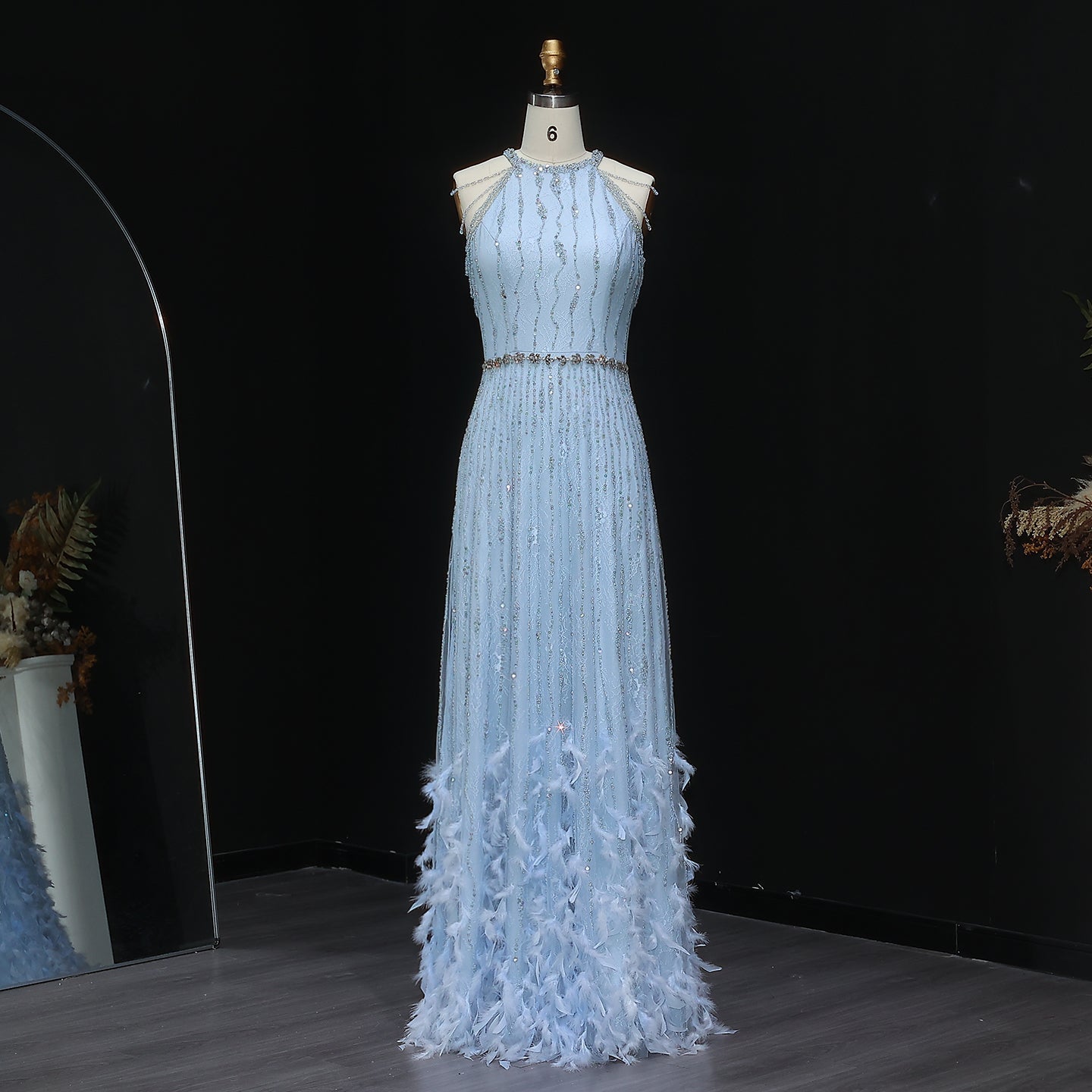 Luxury Feathers Lace Cream Evening Dress SS595  Blue / US18