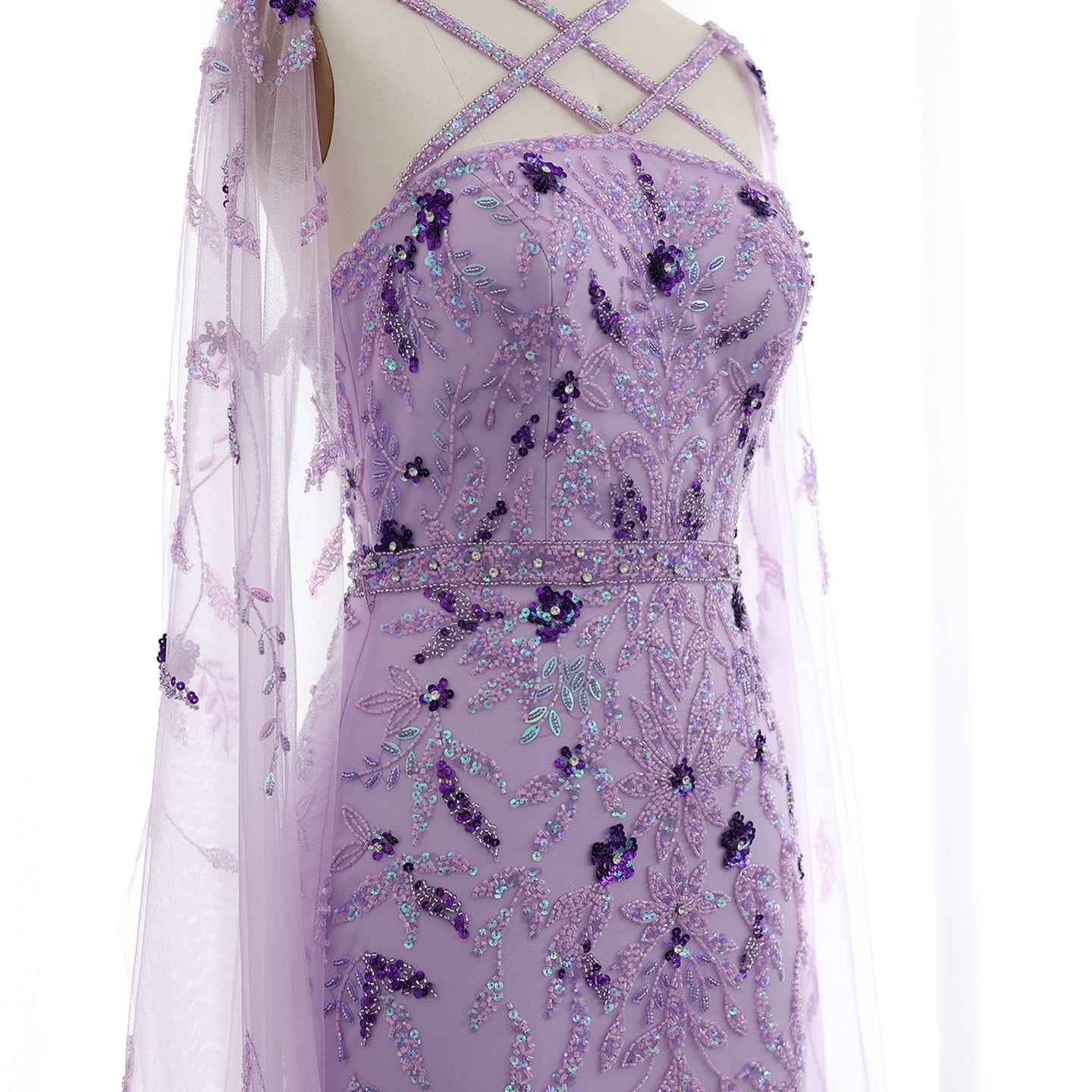 Luxury Lilac Criss Cross Evening Dress with Cape Sleeves SS370