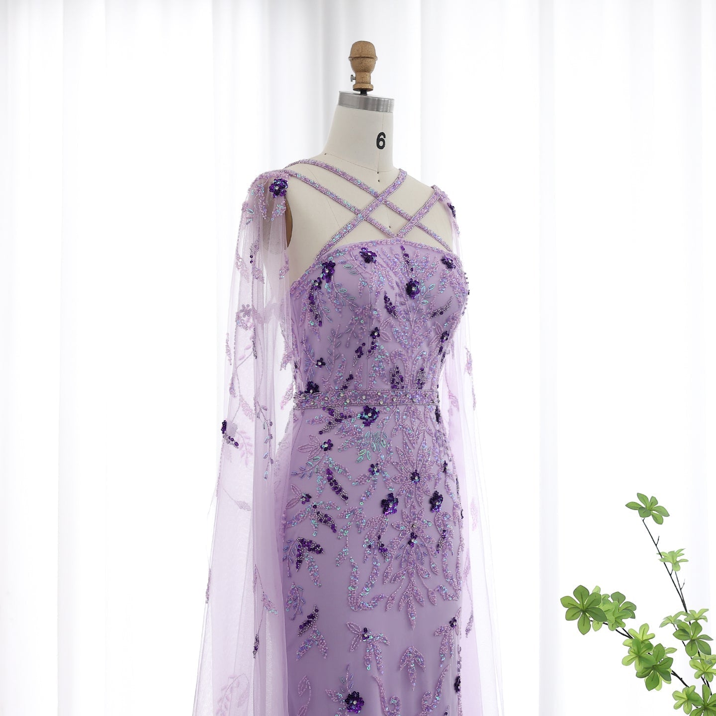 Luxury Lilac Criss Cross Evening Dress with Cape Sleeves SS370
