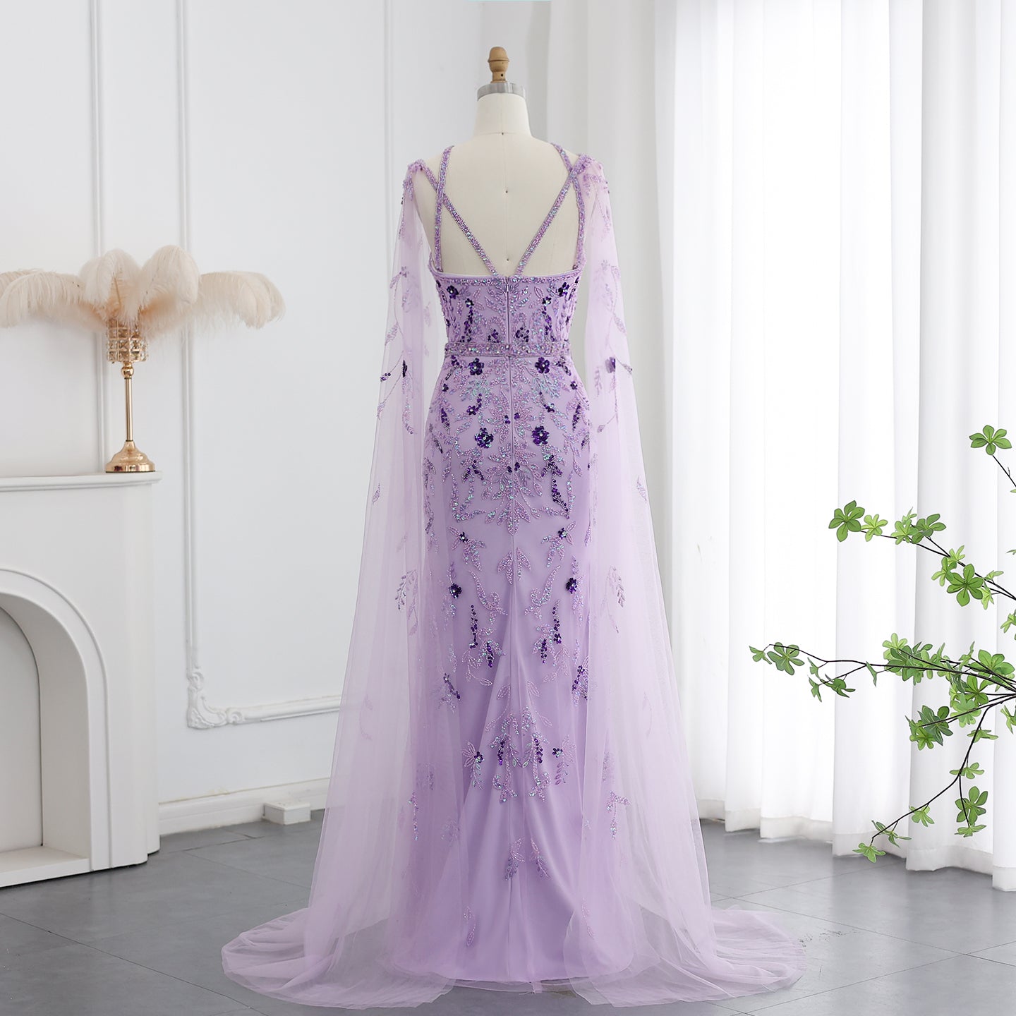 Luxury Lilac Criss Cross Evening Dress with Cape Sleeves SS370