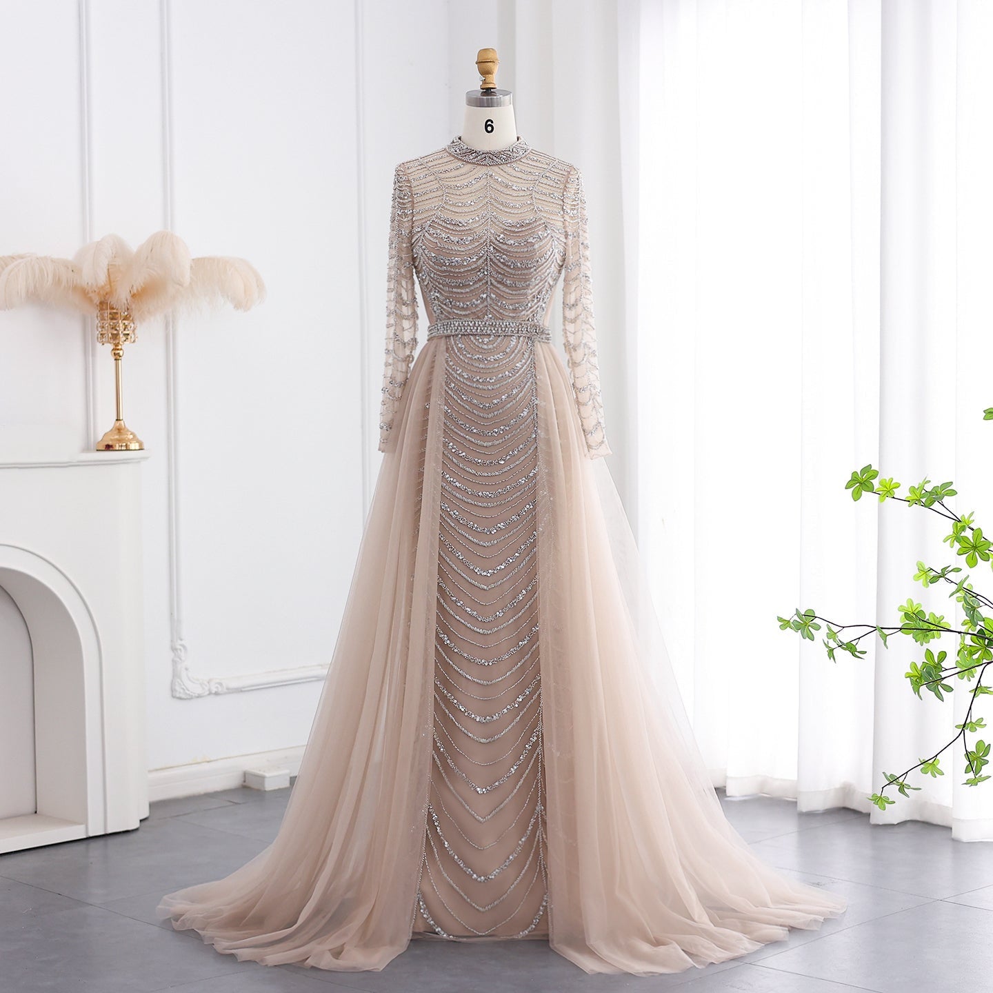 Luxury Champagne Long Sleeves Evening Dress with Overskirt SS173  Champagne / US 18