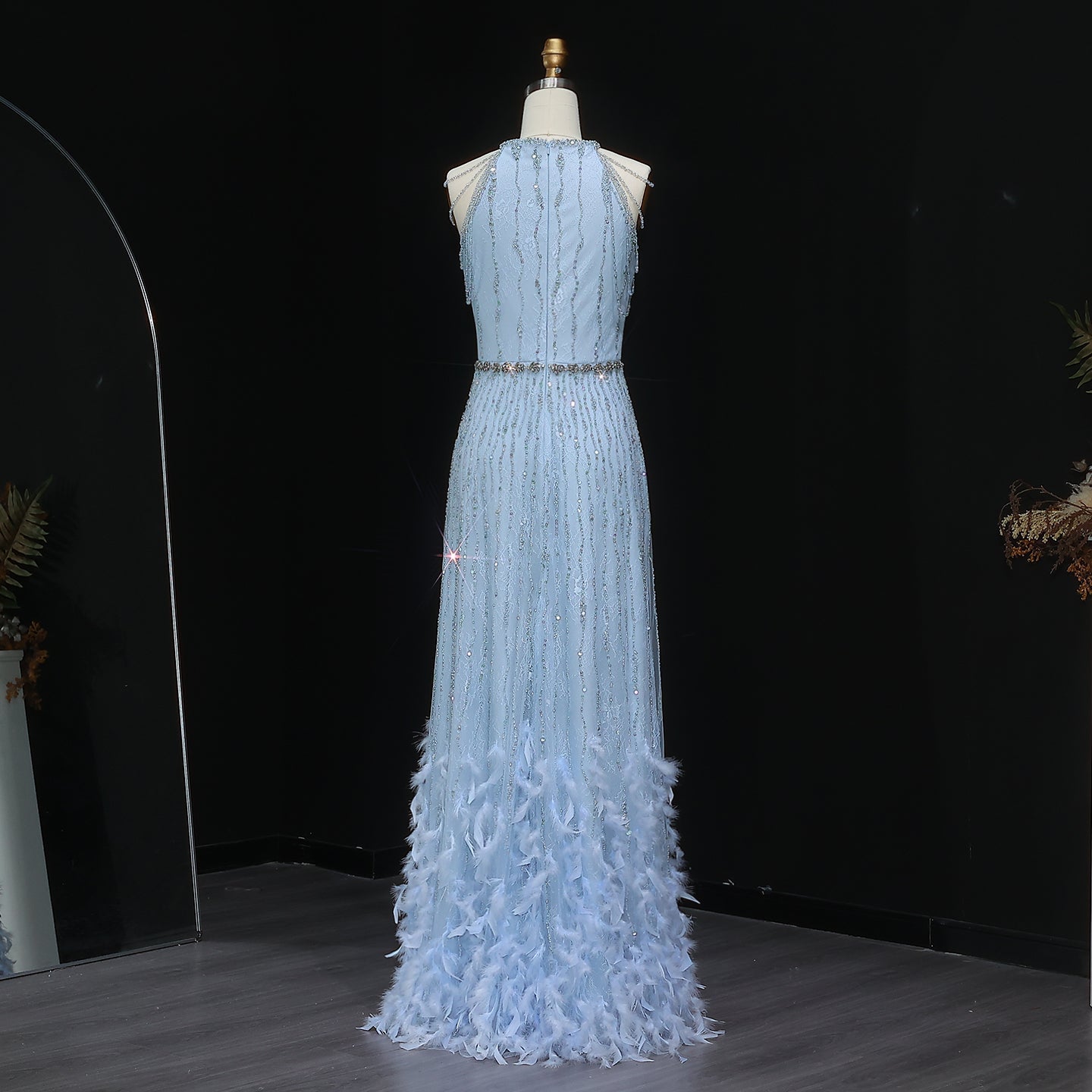 Luxury Feathers Lace Cream Evening Dress SS595