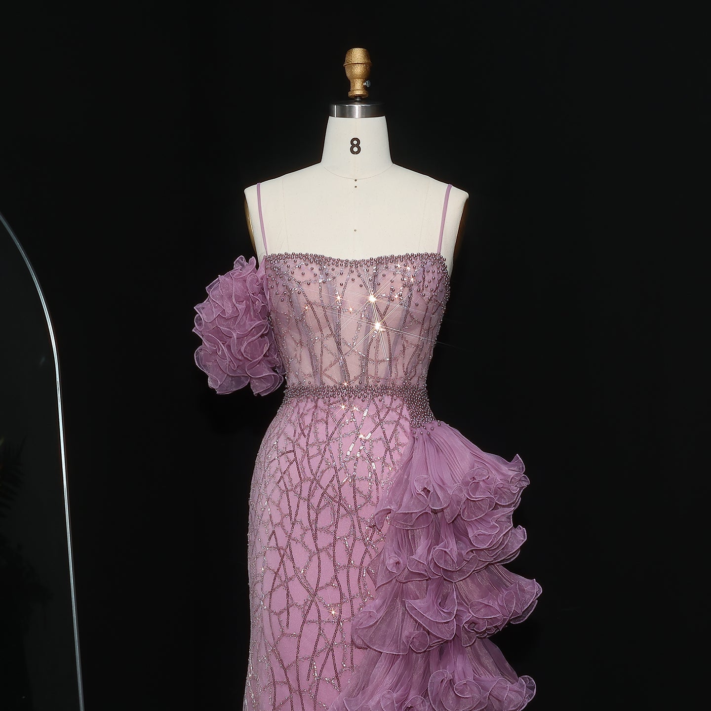 Chic Tiered Ruffles Spaghetti Straps Gold Evening Dress SS046