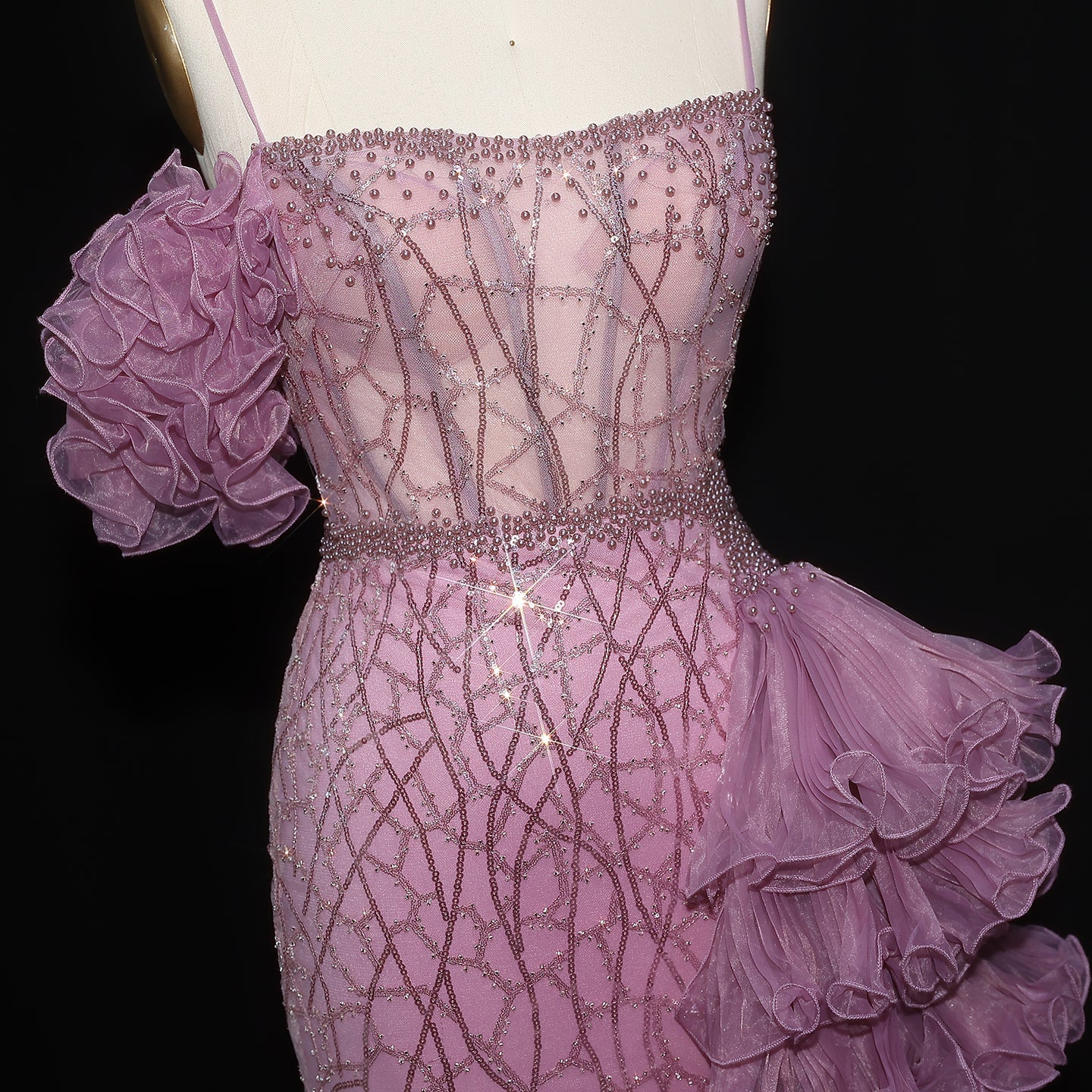 Chic Tiered Ruffles Spaghetti Straps Gold Evening Dress SS046