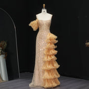 Chic Tiered Ruffles Spaghetti Straps Gold Evening Dress SS046  Orange / US 18