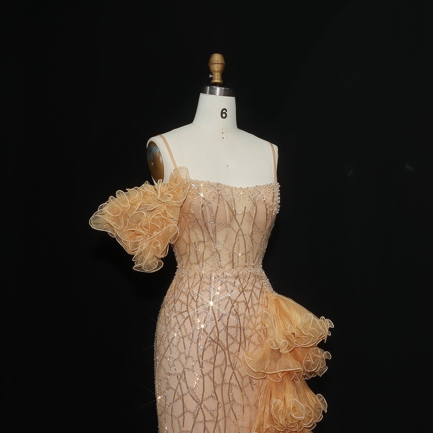 Chic Tiered Ruffles Spaghetti Straps Gold Evening Dress SS046