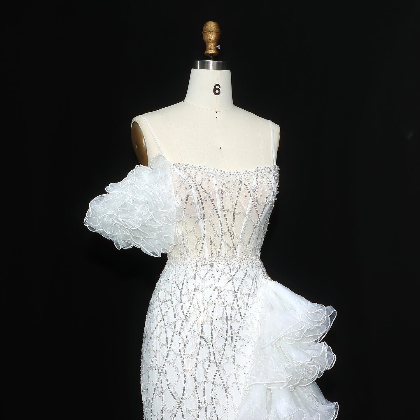 Chic Tiered Ruffles Spaghetti Straps Gold Evening Dress SS046