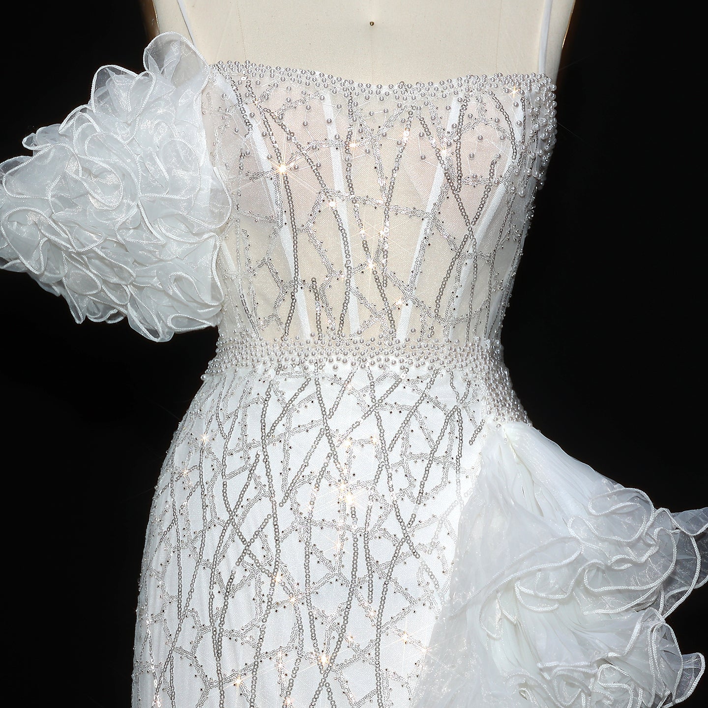 Chic Tiered Ruffles Spaghetti Straps Gold Evening Dress SS046