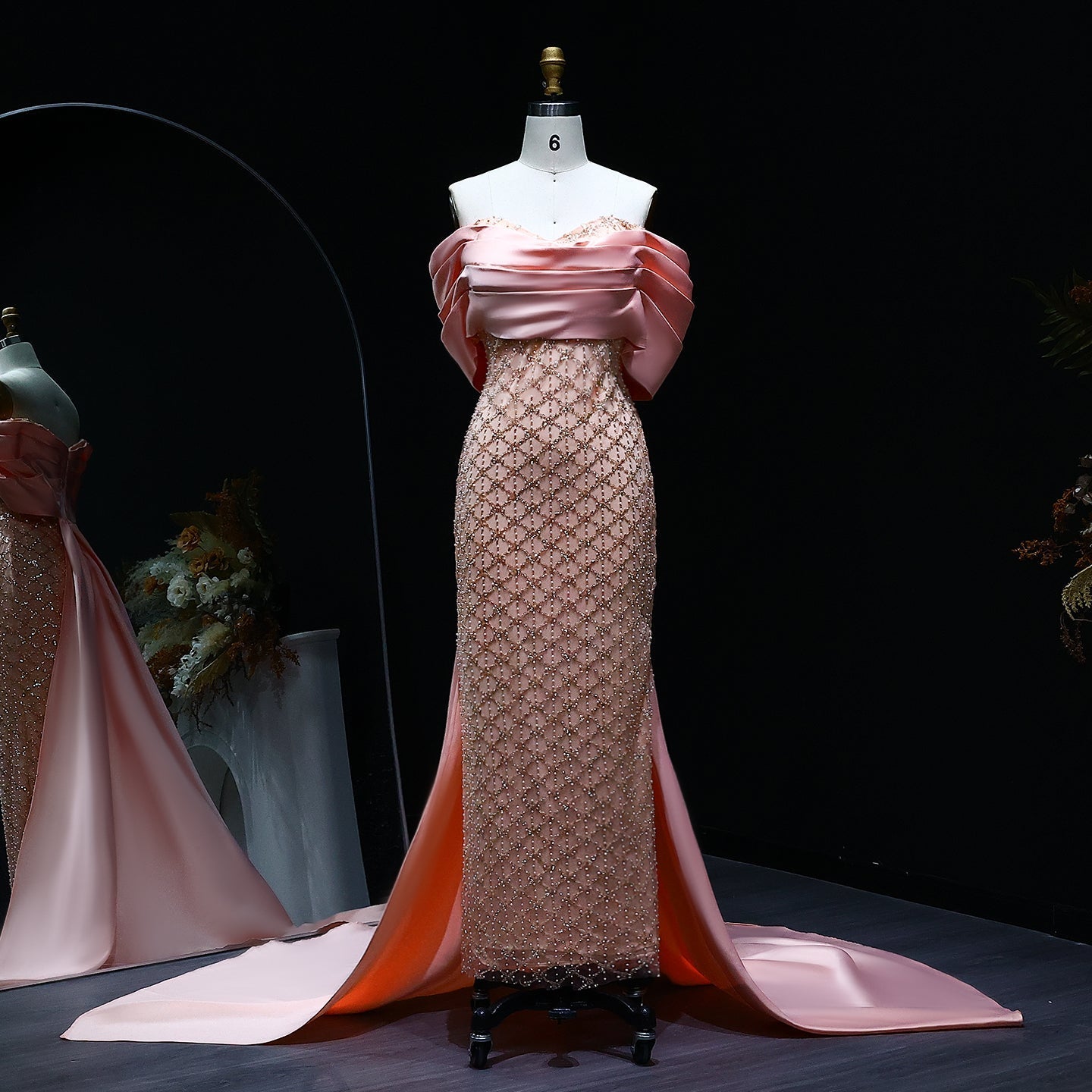 Luxury Off Shoulder Pink Evening Dress with Cape SS709  Peach / US 20