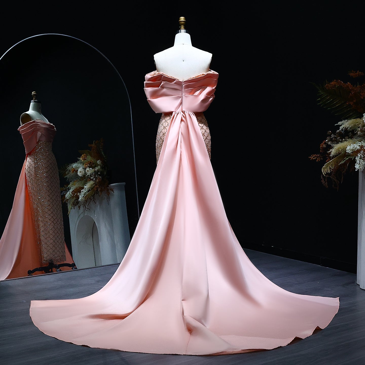 Luxury Off Shoulder Pink Evening Dress with Cape SS709