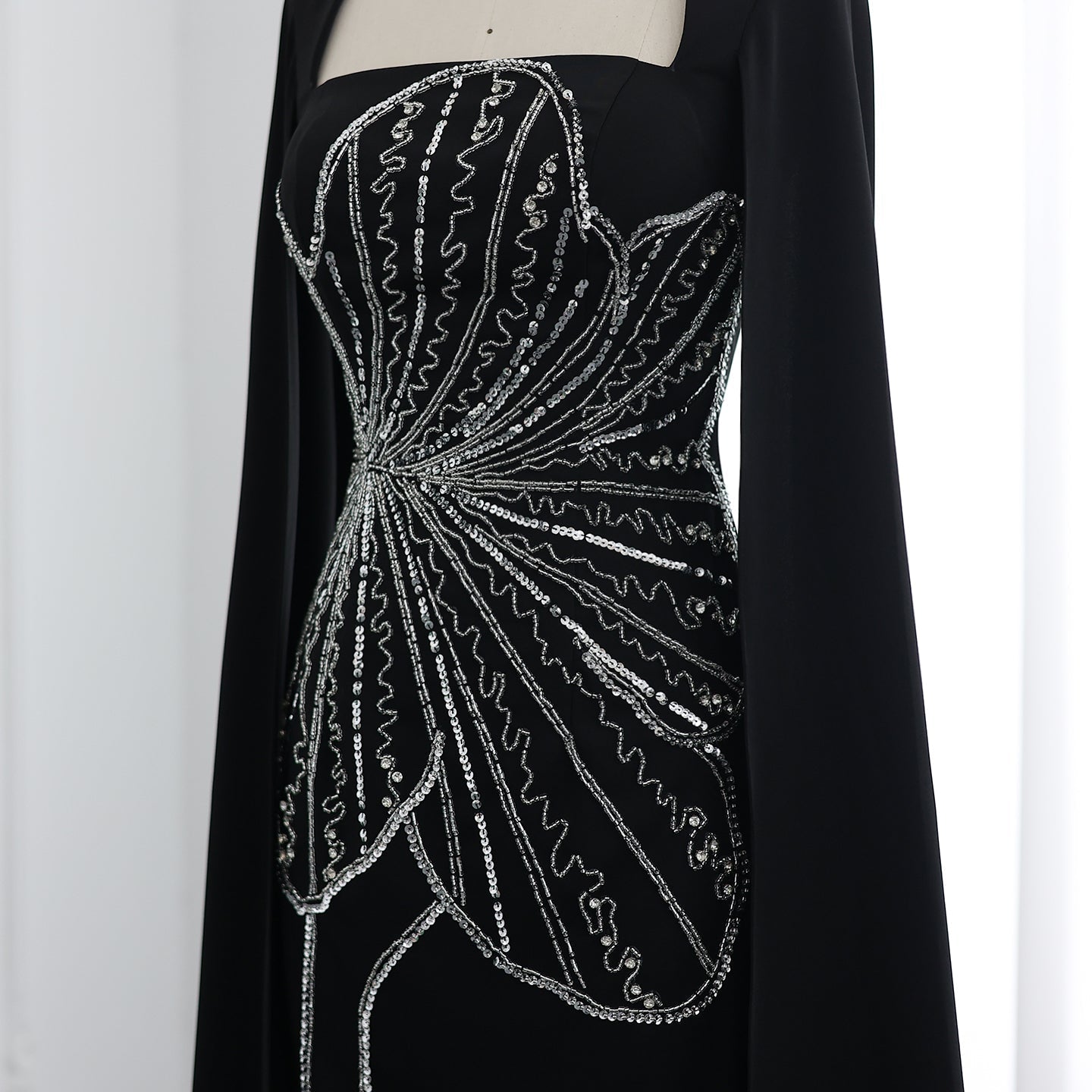 Elegant Black Beaded Evening Dress with Cape Sleeves SS275