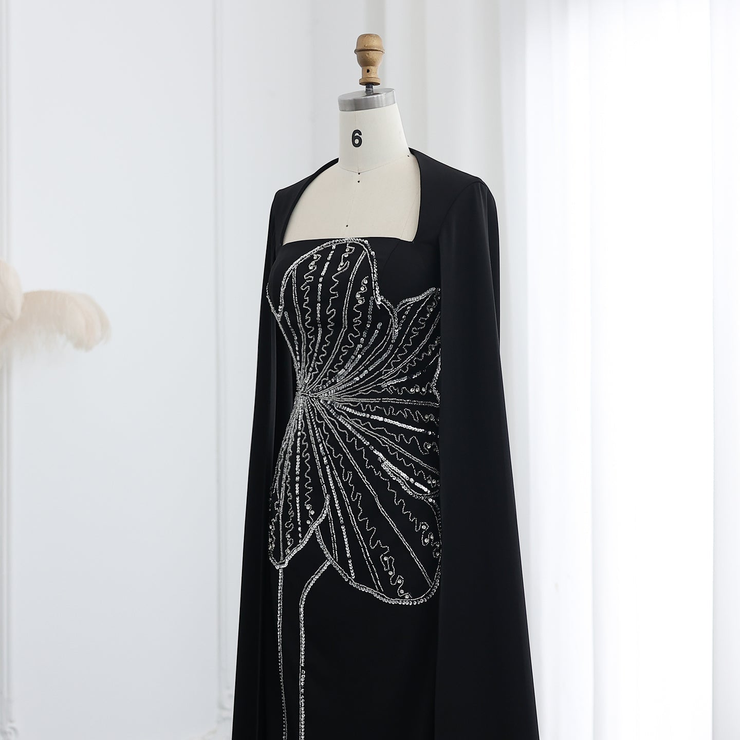 Elegant Black Beaded Evening Dress with Cape Sleeves SS275