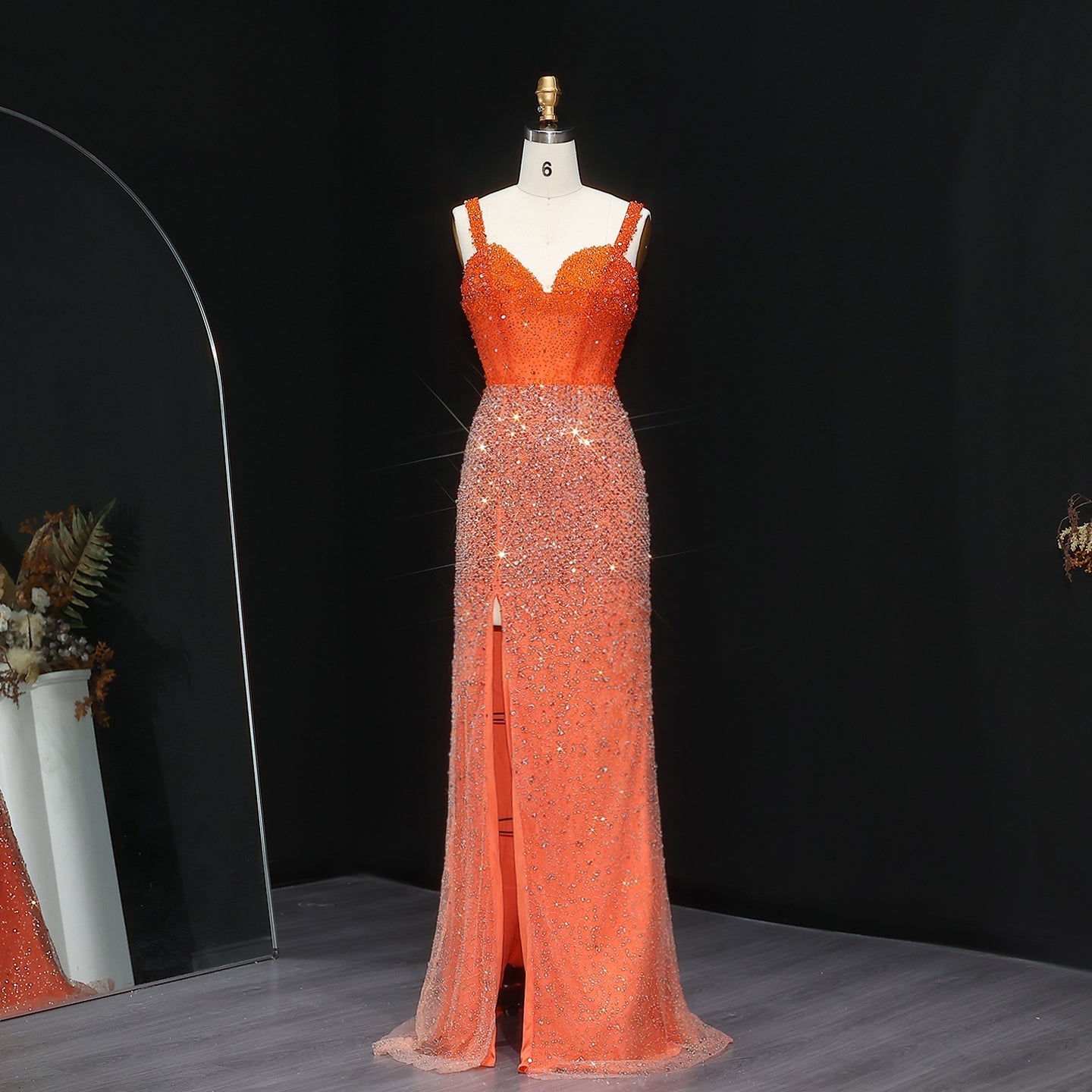 Luxury Crystal Champagne Spaghetti Evening Dress with Slit SS047  Orange / US 18