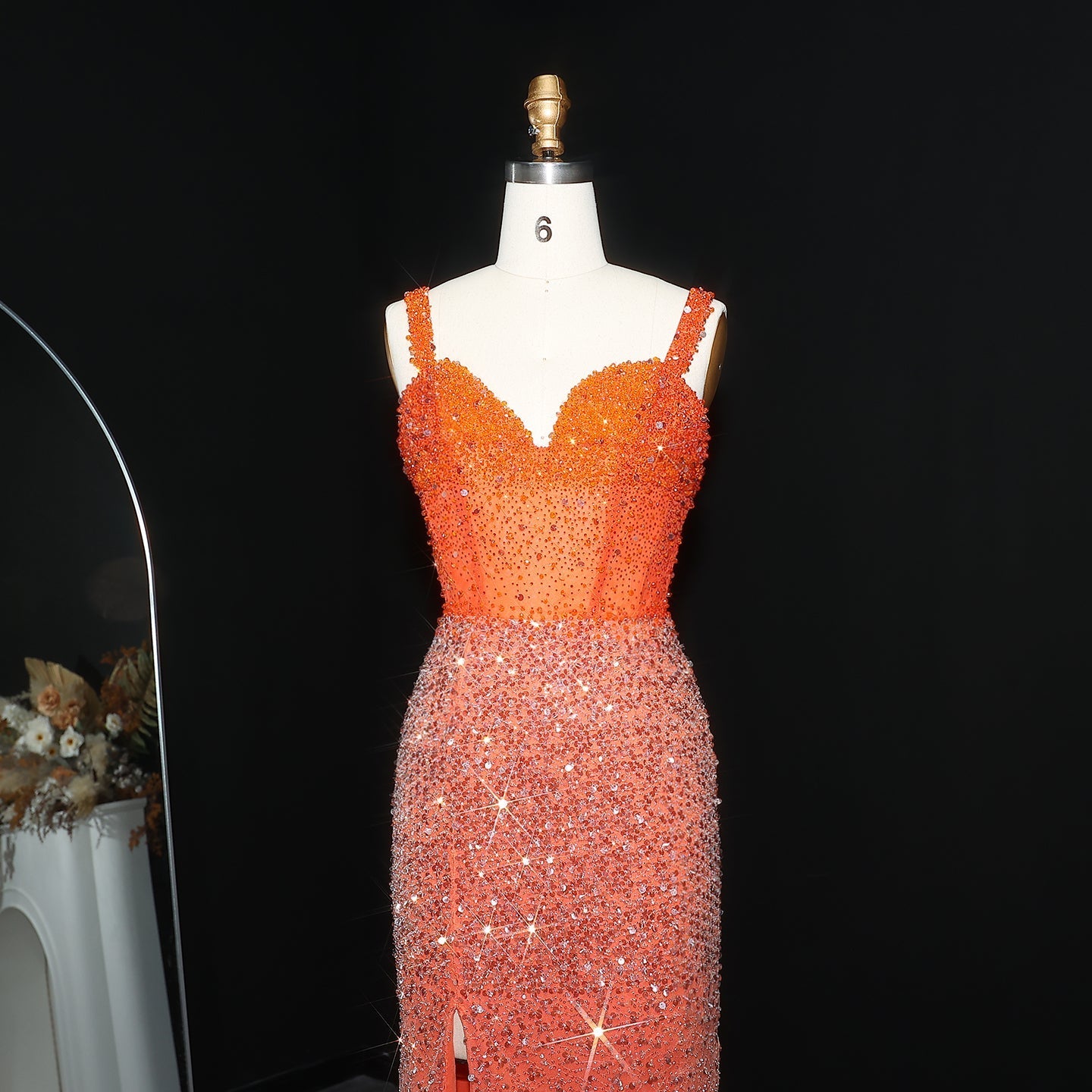 Luxury Crystal Champagne Spaghetti Evening Dress with Slit SS047