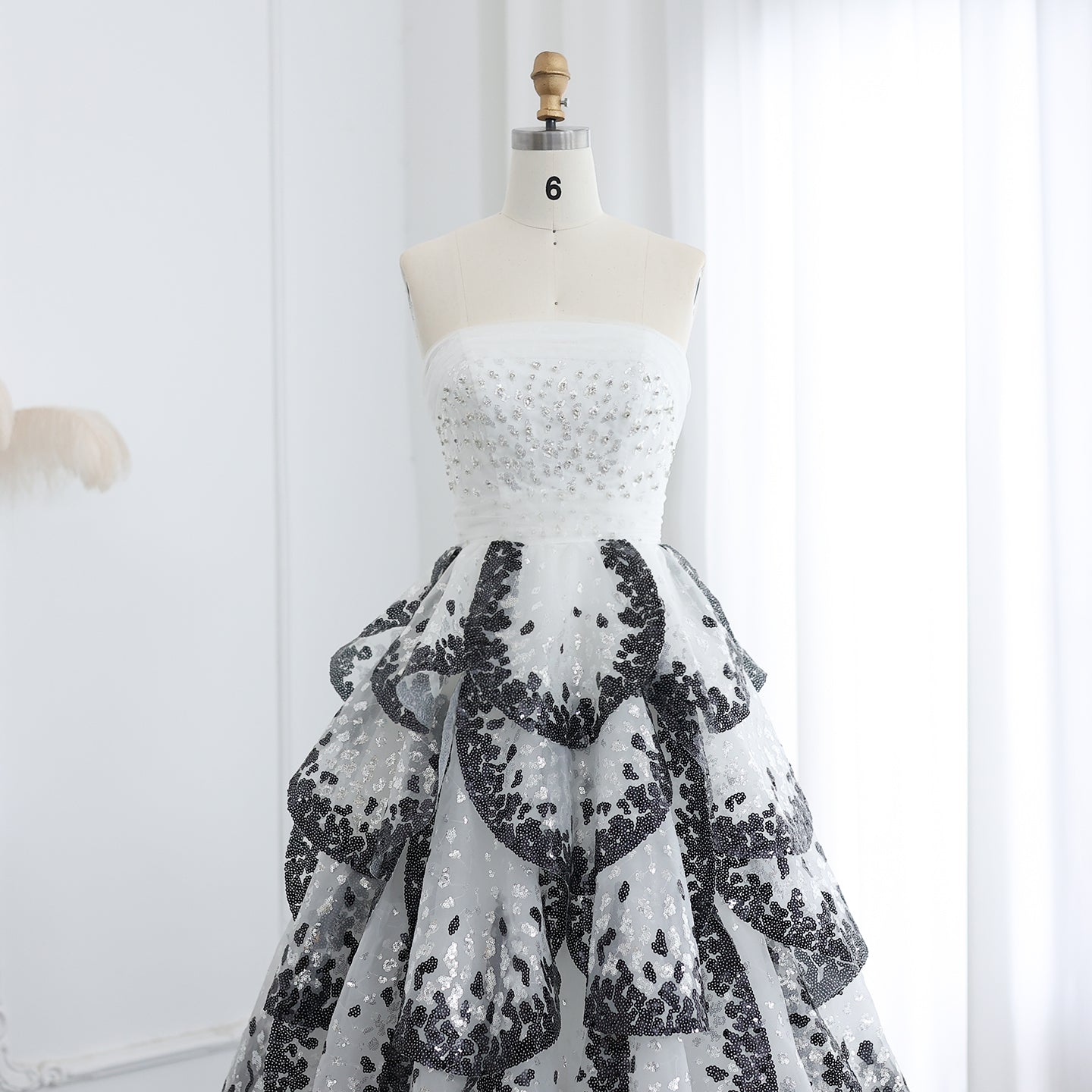 Luxury Black and White Ruffles Strapless Evening Dress SS290
