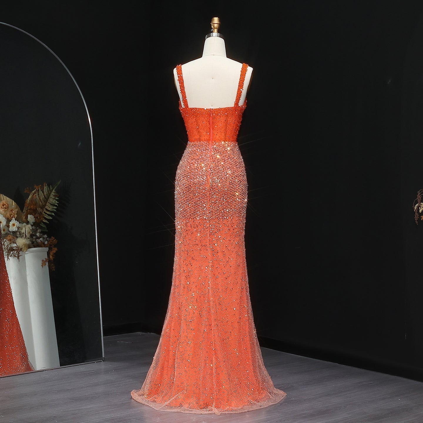 Luxury Crystal Champagne Spaghetti Evening Dress with Slit SS047