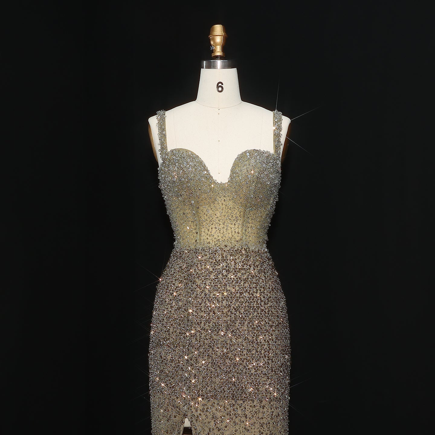 Luxury Crystal Champagne Spaghetti Evening Dress with Slit SS047