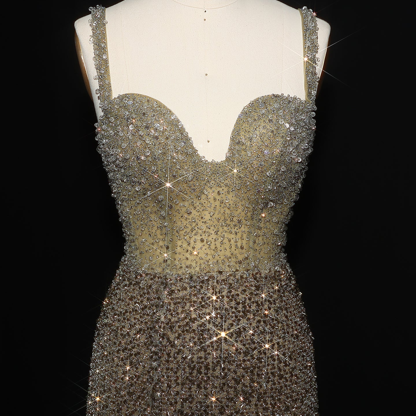 Luxury Crystal Champagne Spaghetti Evening Dress with Slit SS047