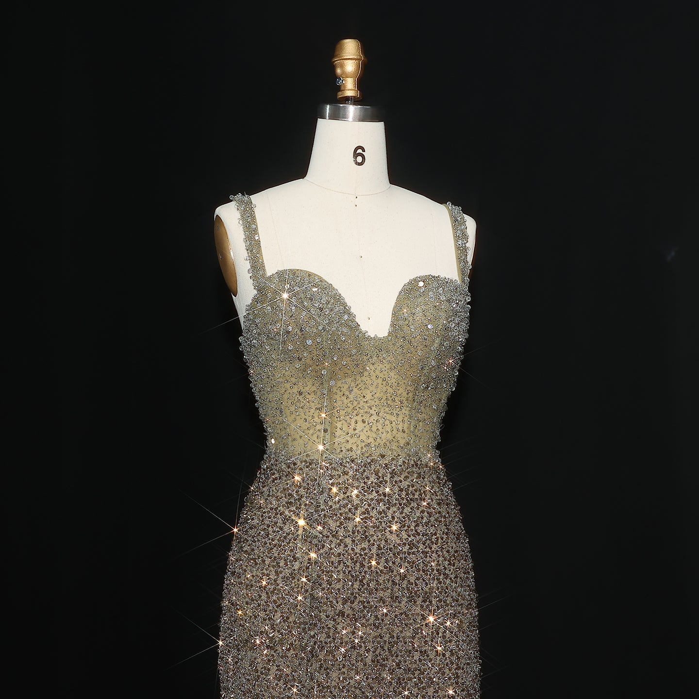 Luxury Crystal Champagne Spaghetti Evening Dress with Slit SS047
