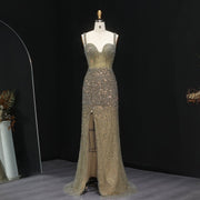 Luxury Crystal Champagne Spaghetti Evening Dress with Slit SS047  Champagne / US 18