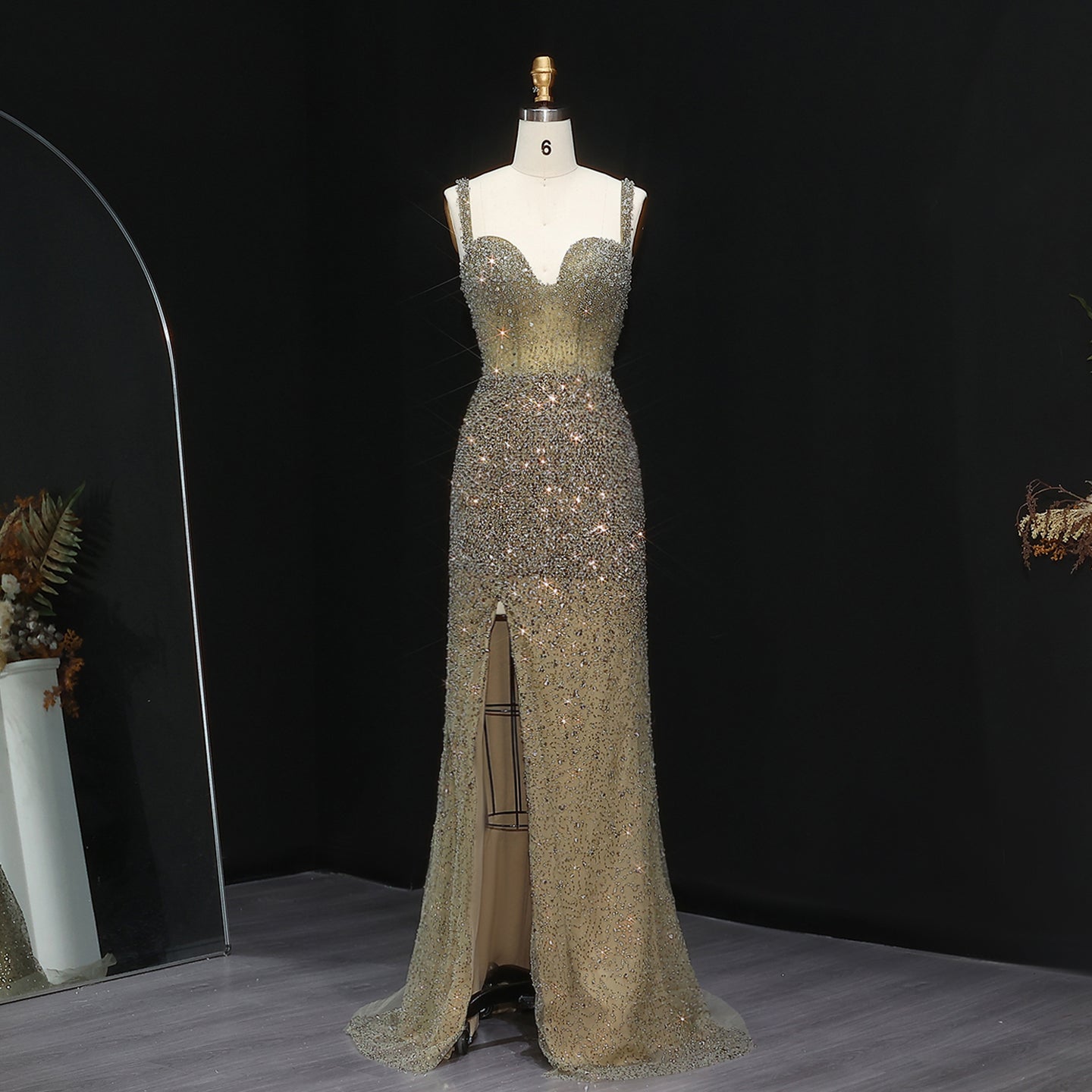 Luxury Crystal Champagne Spaghetti Evening Dress with Slit SS047  Champagne / US 18