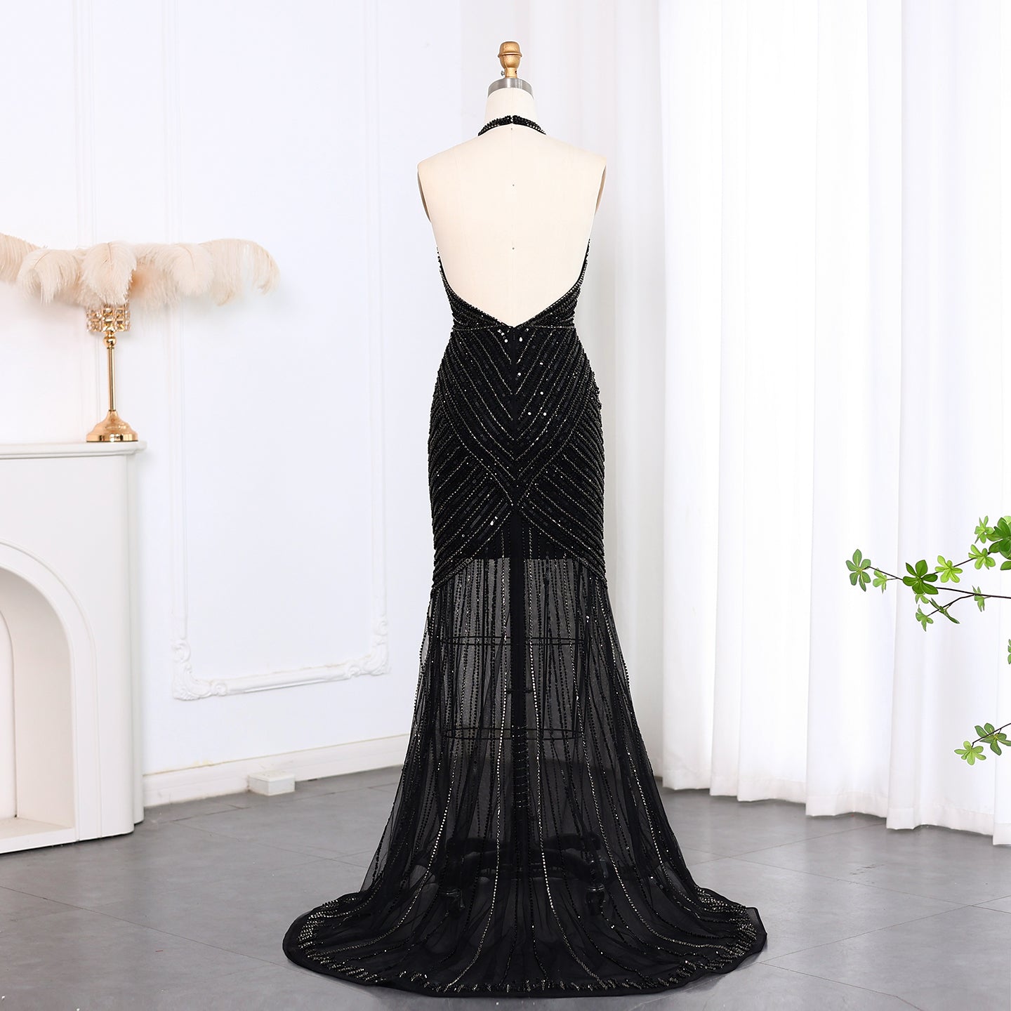 Sexy Halter Black Beaded Evening Prom Dress SS013