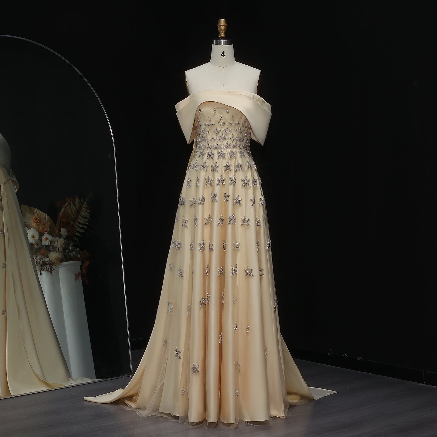 Luxury Yellow Off Shoulder Evening Dress with Cape Train SS455  Champagne / US 18