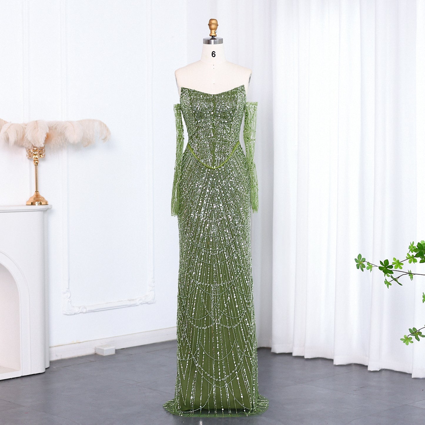 Luxury Beaded Black Strapless Evening Dress with Sleeves SS685  Green / US 16