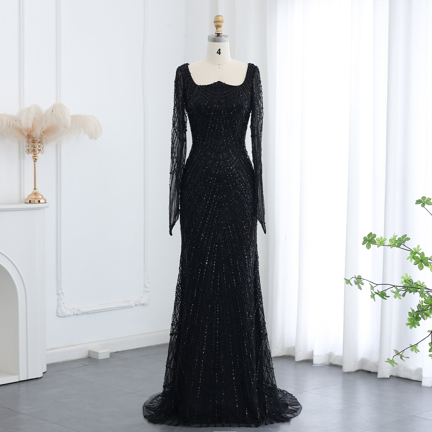 Luxury Beaded Champagne Long Sleeves Mermaid Evening Dress SS686  Black / US 16